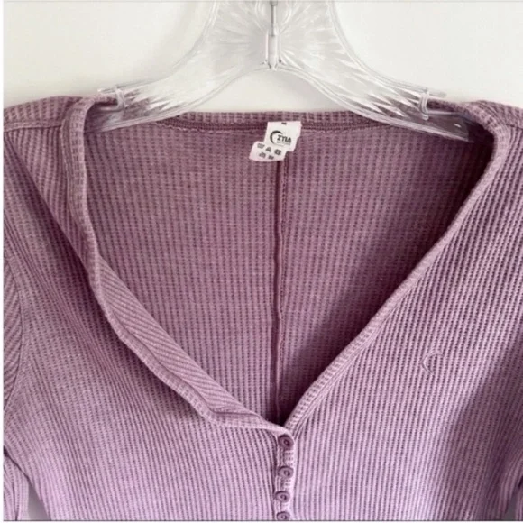 Zyia Active Don't Wake Me Up shirt purple waffle knit thermal buttons v neck - Picture 5 of 8
